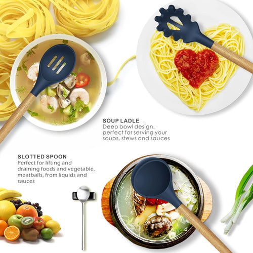 12-Piece Silicone Kitchen Utensil Set with Wooden Handles | Heat Resistant Cooking Tools Set for Home Kitchen