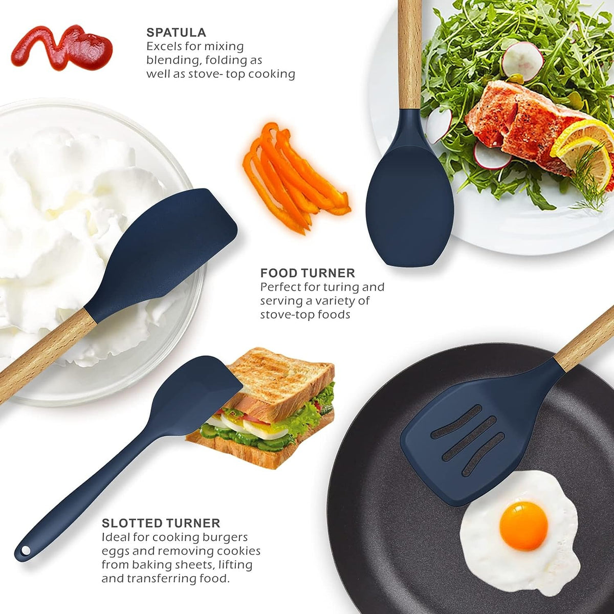 12-Piece Silicone Kitchen Utensil Set with Wooden Handles | Heat Resistant Cooking Tools Set for Home Kitchen