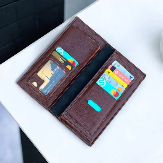 Men's Long Leather Wallet Clutch Black | Stylish Slim Card Holder & Cash Organizer with Metal Corner Accent