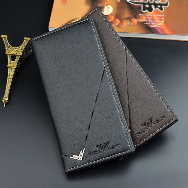 Men's Long Leather Wallet Clutch Black | Stylish Slim Card Holder & Cash Organizer with Metal Corner Accent