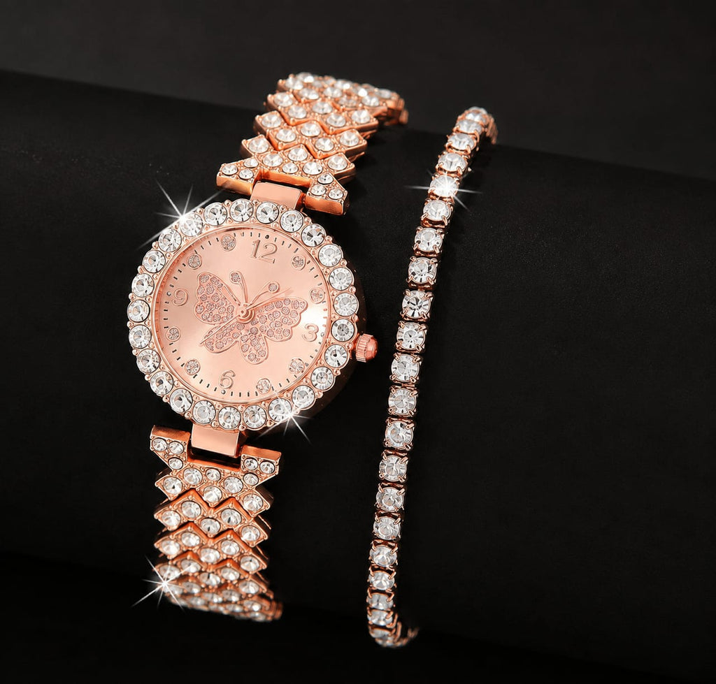 Women Butterfly Quartz Watch & Bracelet Set Golden | Elegant Ladies Wrist Watch Jewellery Gift Set