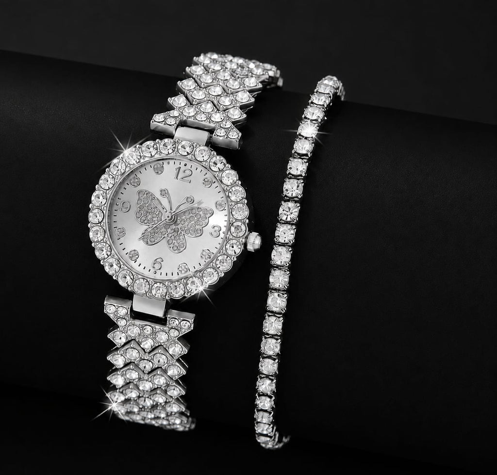 Women Butterfly Quartz Watch & Bracelet Set Golden | Elegant Ladies Wrist Watch Jewellery Gift Set