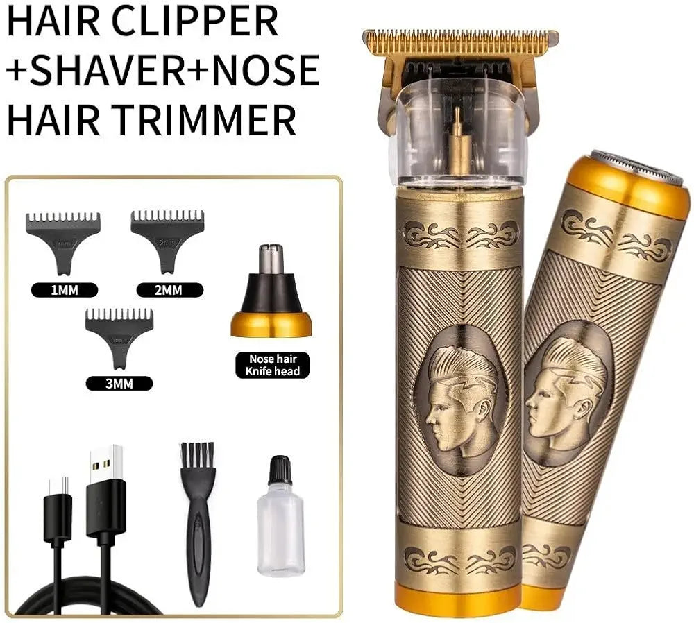 Professional 3-in-1 Men’s Grooming Kit – Premium Gold Metal Body Trimmer for Hair, Beard & Nose Grooming