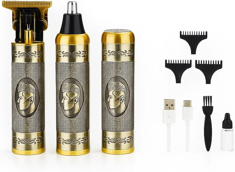 Professional 3-in-1 Men’s Grooming Kit – Premium Gold Metal Body Trimmer for Hair, Beard & Nose Grooming