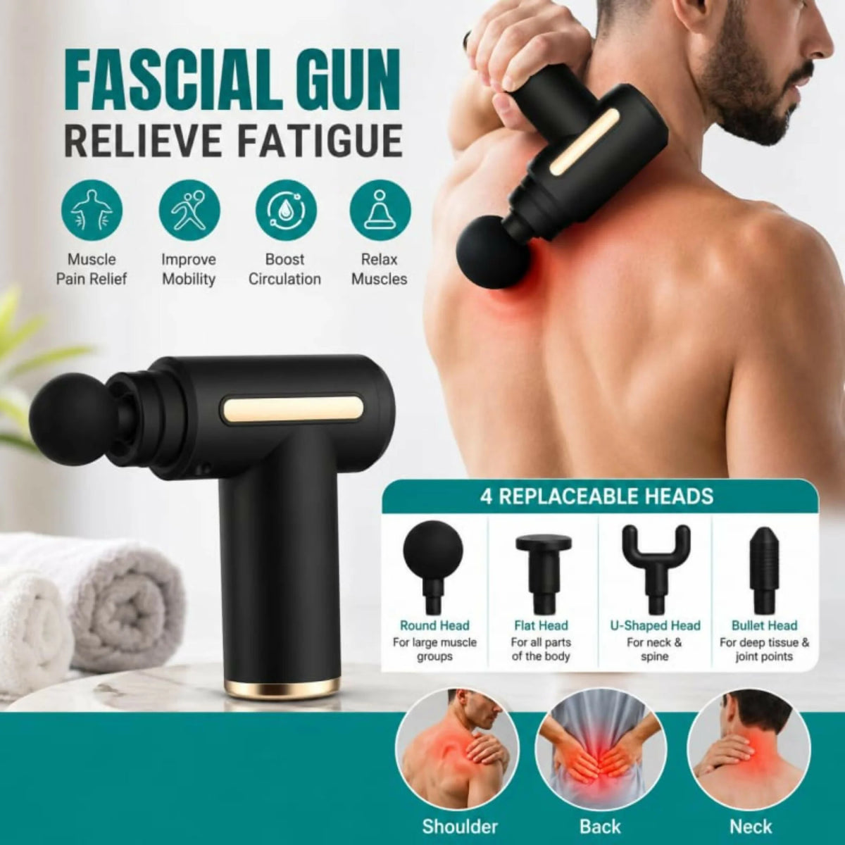 Professional Deep Tissue Massage Gun with 4 Heads | Handheld Muscle Massager